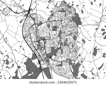 Greyscale vector city map of Stevenage in the United Kingdom with with water, fields and parks, and roads on a white background.