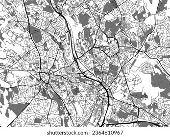 Greyscale vector city map of Stoke-on-Trent in the United Kingdom with with water, fields and parks, and roads on a white background.