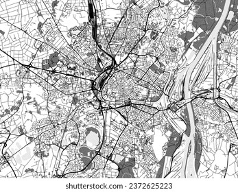 Mapa vectorial de la ciudad de Estrasburgo en Francia con agua, campos y parques, y carreteras en un fondo blanco.