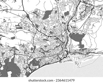 Greyscale vector city map of Swansea in the United Kingdom with with water, fields and parks, and roads on a white background.