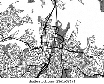 Greyscale vector city map of Sydney center in Australia with with water, fields and parks, and roads on a white background.