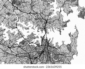 Mapa vectorial de la ciudad a escala de grises del puerto de Sydney en Australia con agua, campos y parques, y carreteras en un fondo blanco.