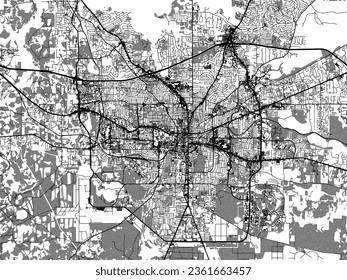 Greyscale vector city map of Tallahassee Florida in the United States of America with with water, fields and parks, and roads on a white background.
