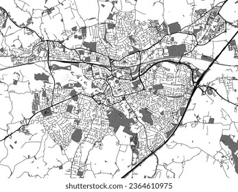 Greyscale vector city map of Taunton in the United Kingdom with with water, fields and parks, and roads on a white background.