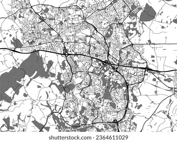Greyscale vector city map of Telford in the United Kingdom with with water, fields and parks, and roads on a white background.