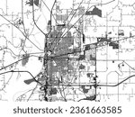 Greyscale vector city map of Terre Haute Indiana in the United States of America with with water, fields and parks, and roads on a white background.