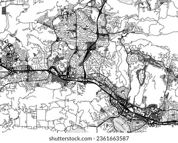 Greyscale vector city map of Thousand Oaks California in the United States of America with with water, fields and parks, and roads on a white background.