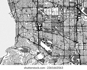 Greyscale vector city map of Torrance California in the United States of America with with water, fields and parks, and roads on a white background.