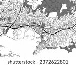 Greyscale vector city map of Toulon in France with with water, fields and parks, and roads on a white background.