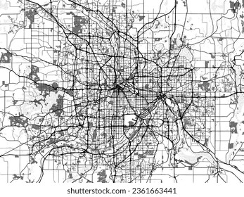 Greyscale vector city map of Twin cities Minnesota in the United States of America with with water, fields and parks, and roads on a white background.