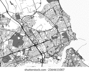 Greyscale vector city map of Tynemouth in the United Kingdom with with water, fields and parks, and roads on a white background.