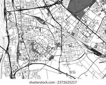 Mapa de la ciudad vectorial de escala griega de Venissieux en Francia con agua, campos y parques, y carreteras en un fondo blanco.