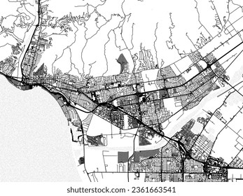 Greyscale vector city map of Ventura California in the United States of America with with water, fields and parks, and roads on a white background.