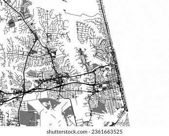 Greyscale vector city map of Virginia Beach Virginia in the United States of America with with water, fields and parks, and roads on a white background.