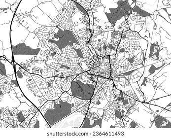 Greyscale vector city map of Wakefield in the United Kingdom with with water, fields and parks, and roads on a white background.