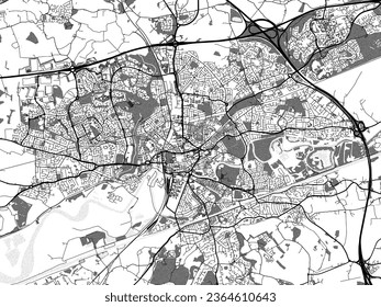 Greyscale vector city map of Warrington in the United Kingdom with with water, fields and parks, and roads on a white background.