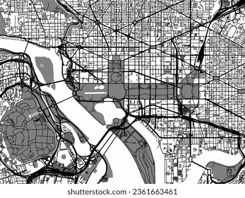Greyscale vector city map of Washington District of Columbia in the United States of America with with water, fields and parks, and roads on a white background.