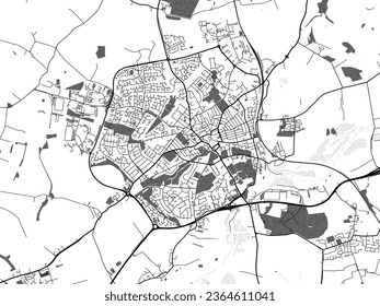 Greyscale vector city map of Wellingborough in the United Kingdom with with water, fields and parks, and roads on a white background.