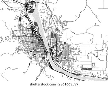 Greyscale vector city map of Wenatchee Washington in the United States of America with with water, fields and parks, and roads on a white background.