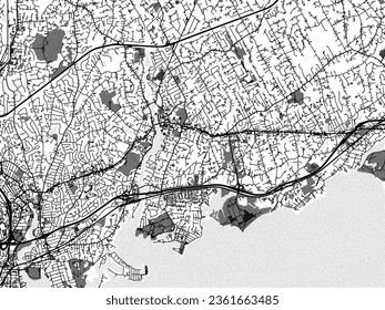Greyscale vector city map of Westport Connecticut in the United States of America with with water, fields and parks, and roads on a white background.