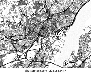 Mapa de la ciudad vectorial a escala de grises de Wilmington Delaware en los Estados Unidos de América con agua, campos y parques, y caminos en un fondo blanco.