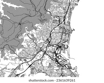 Mapa de la ciudad vector de escala griega de Wollongong en Australia con agua, campos y parques, y carreteras en un fondo blanco.