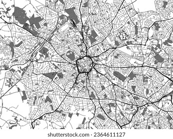 Greyscale vector city map of Wolverhampton in the United Kingdom with with water, fields and parks, and roads on a white background.