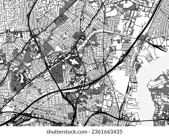 Greyscale vector city map of Woodbridge New Jersey in the United States of America with with water, fields and parks, and roads on a white background.