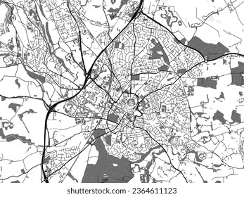 Greyscale vector city map of Wrexham in the United Kingdom with with water, fields and parks, and roads on a white background.