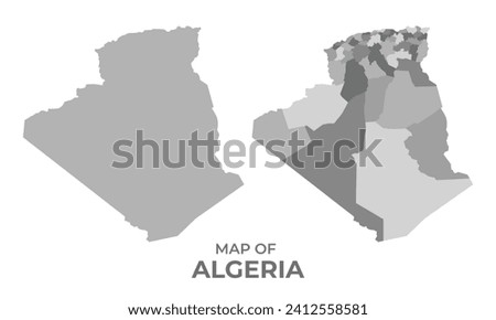 Greyscale vector map of Algeria with regions and simple flat illustration