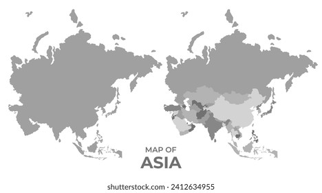 Greyscale vector map of Asia with regions and simple flat illustration