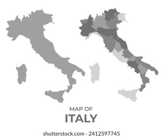 Mapa vectorial de escala de grises de Italia con regiones e ilustración plana simple