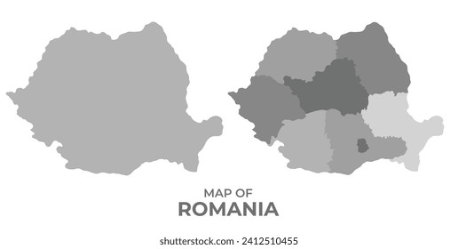 Greyscale vector map of Romania with regions and simple flat illustration