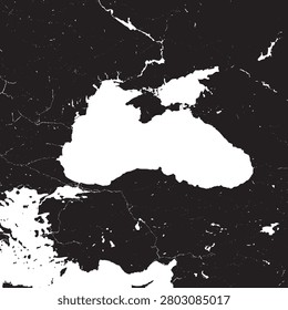 Greyscale vector Turkey map of the Black Sea region with water, surrounding coastlines, countries, and borders on a black and white background