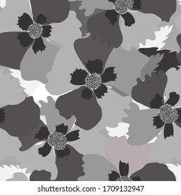 Greyscale wild rose flowers vector seamless pattern for decoration, textile, packaging.