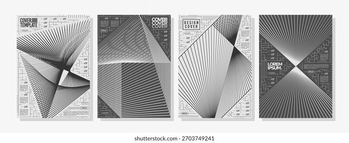 Greyscale wireframe line effect cover, poster, banner set