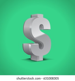 Grey-Silver 3d USA Dollar Sign, Currency symbol. Vector Illustration. Isolated on Green Background