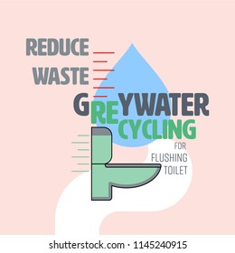 Greywater Recycling Typographic Design With Flush Toilet And Water Level Icon As Gimmicks. Reduce Waste Water Concept. Vector Illustration.