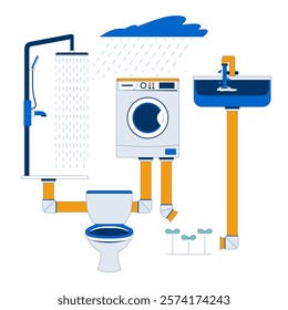 Greywater reuse system for domestic use 2D illustration concept. Shower, washer, sink, toilet and rainwater irrigation cartoon composition isolated on white. Metaphor abstract flat vector graphic