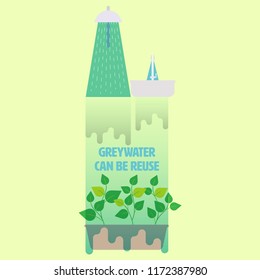 Greywater From Shower And Hand Basin Can Be Reused For Garden Irrigation. Water Reuse Concept. Vector Illustration.