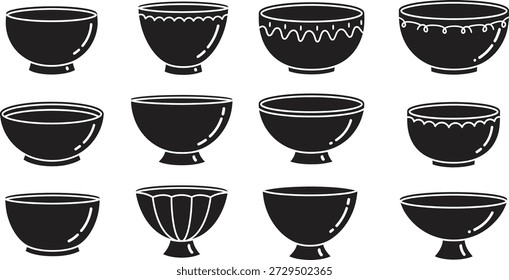 Ein Raster aus 12 schwarzen Silhouetten dekorativer Schüsseln mit einzigartigen Designs auf weißem Hintergrund