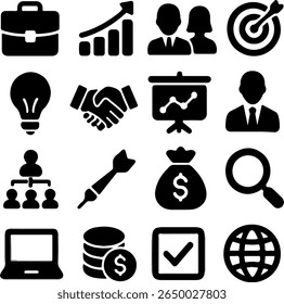 A grid of 12 distinct business and finance icons, each rendered in a clean, modern silhouette style. These icons represent concepts like growth, teamwork, and success.