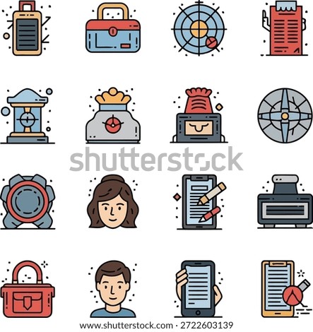 A grid of 12 flat design icons in blue, red, yellow, and gray. Icons include a clipboard, toolbox, target, document, inkwell, compass, and portraits of a man and woman.