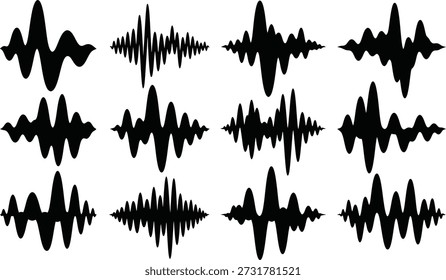 Una cuadrícula de 12 patrones de ondas de sonido únicos en negro sobre un fondo blanco, que muestran varias formas de onda.