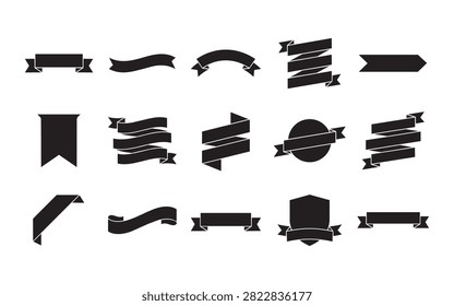 A grid of 15 black silhouette ribbon banners on a white background, featuring diverse styles, folds, and end shapes for titles.