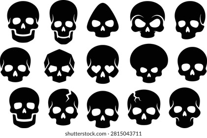 A grid of 15 black skull silhouettes with different facial expressions and damage styles on a white background.
