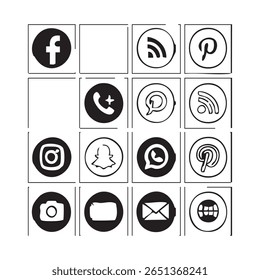 A grid of 16 circular icons featuring popular social media and communication platform logos, including Facebook, Twitter, Instagram, Snapchat, Pinterest, WhatsApp, RSS, and email, presented in both co