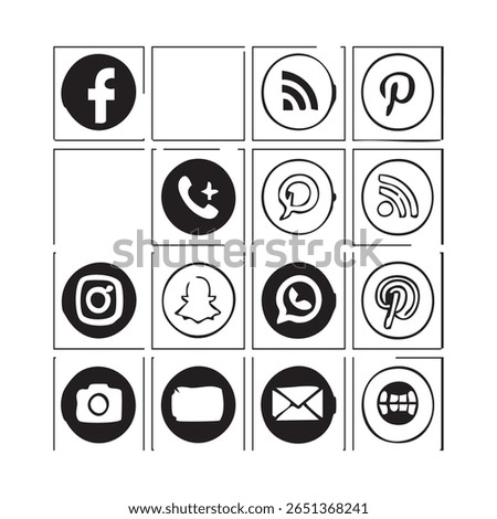 A grid of 16 circular icons featuring popular social media and communication platform logos, including Facebook, Twitter, Instagram, Snapchat, Pinterest, WhatsApp, RSS, and email, presented in both co