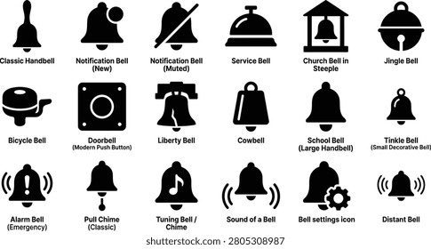 A grid of 16 different black bell silhouettes on a white background, showcasing various types and styles of bells.
