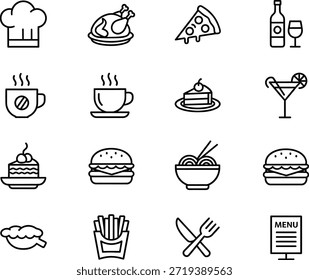 Cuadrícula de 16 iconos que representan varios alimentos y bebidas, incluyendo comidas, postres y bebidas, junto con un sombrero de chef y un menú.